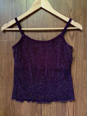 Vintage Y2K Purple Glitter Stretchy Cami Tank Top Lettuce Hem 2003